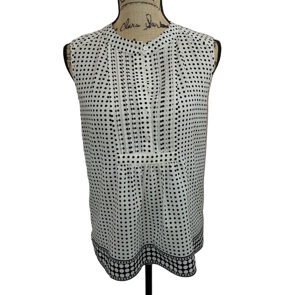 J. Crew White Sleeveless Polka Dot Blouse with Black Trim